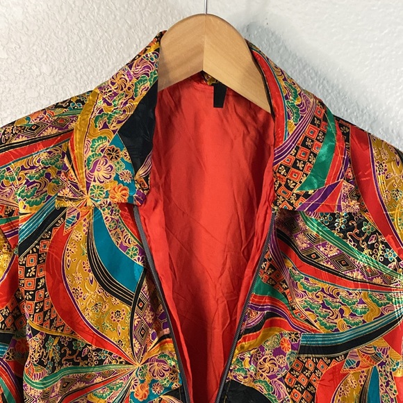 VINTAGE 80s women  colorful long sleeves collard zip up bomber jacket - Picture 2 of 8